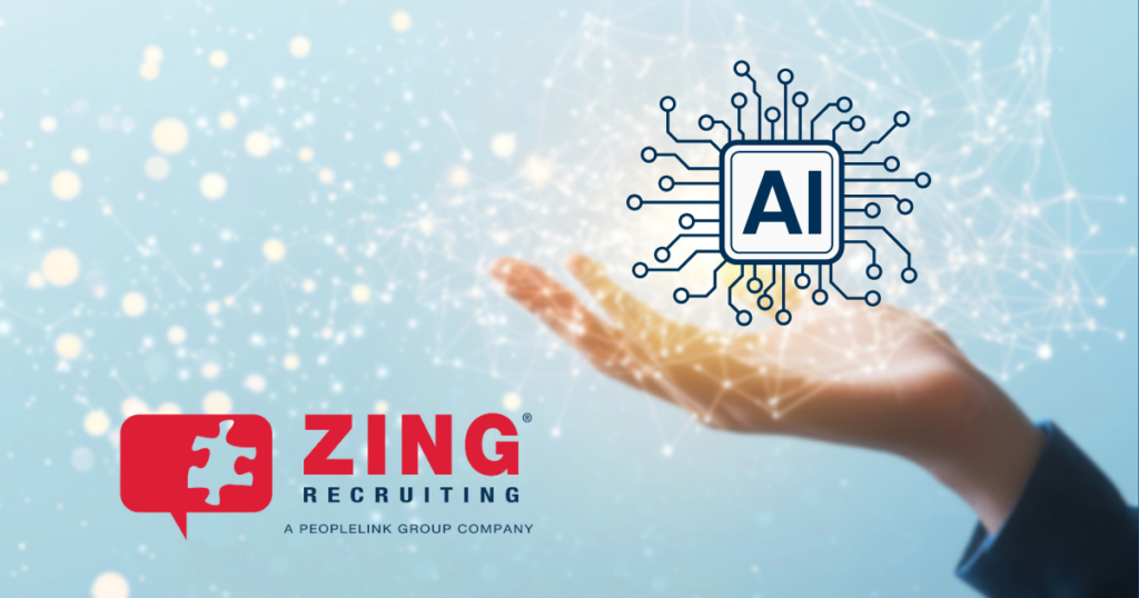 AI icon hovering over palm up hand to showcase AI in recruiting